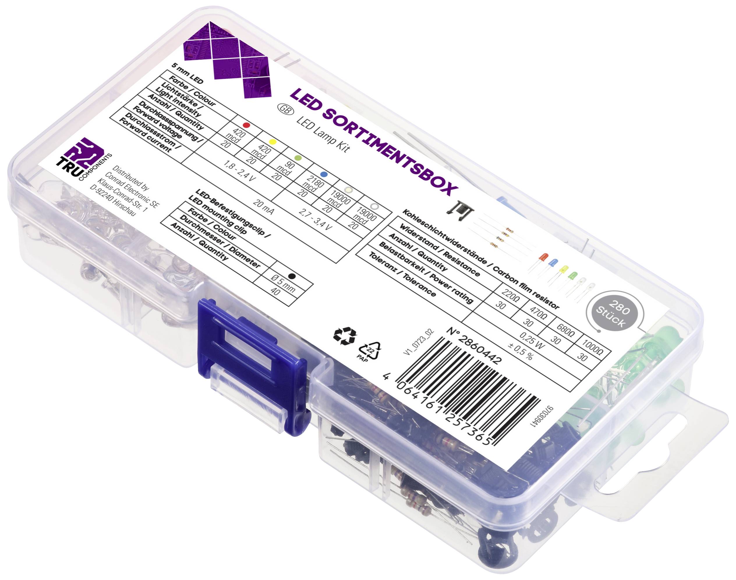 Klarsichtbox mit LED-Bauteilen, Etikett mit Spezifikationen und Anwendungsinformationen.