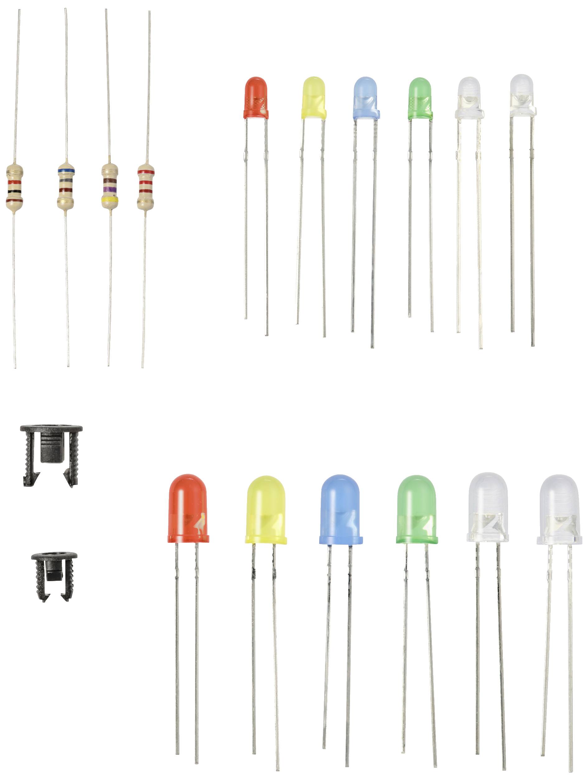 Elektronikkomponenten: Oben vier Widerstände und fünf bunte LEDs; unten eine rote, vier bunte LEDs und zwei kleine Clips.