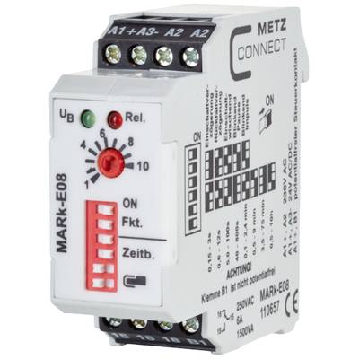 Ein elektronisches Steuerrelais der Marke METZ CONNECT mit mehreren Anschlüssen, Anzeigeleuchten und einem Drehregler zur Zeiteinstellung.