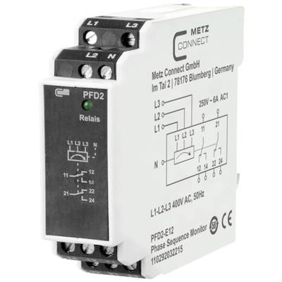 Einphasiger Phasenfolge-Überwachungsrelais, Modell PFD2, von METZ CONNECT. Geeignet für 250V~6A AC1, mit Schaltplan auf der Vorderseite.