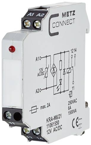 Ein elektronisches Relaismodul von METZ CONNECT. Gehäuse zeigt Schaltplan für den Anschluss. Modell: KRA-M6/21, 12V AC/DC, max. 2A.