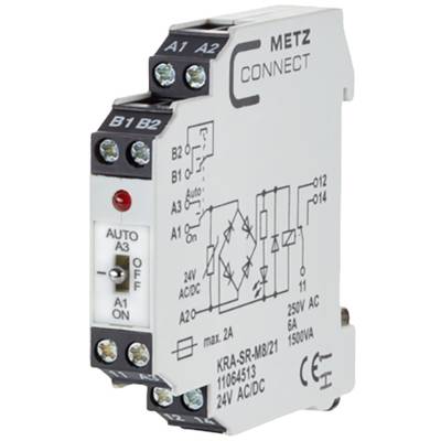 Ein Relaismodul von METZ CONNECT, Modell KRA-SR-M8/21, mit Schalter für Auto/Handbetrieb und beschrifteten Anschlüssen.