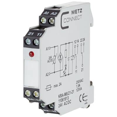 Ein elektrisches Relais von METZ CONNECT mit Anschlüssen und technischen Spezifikationen auf der Vorderseite, geeignet für 24V AC/DC.
