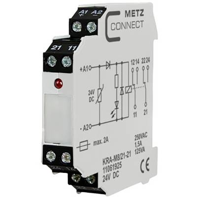 Elektrisches Relais von METZ CONNECT, Modell KRA-M8/21-21, 24V DC, mit Schaltschema und technischen Spezifikationen auf der Oberfläche.