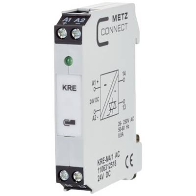 KRE-Modul von METZ CONNECT mit grüner LED-Anzeige und Anschlussmöglichkeiten für 24V DC oder 25V AC, geeignet für Steuerungen.