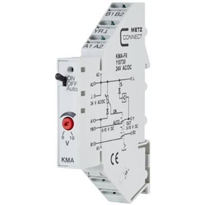 'Elektronisches Modul von METZ CONNECT, Modell KMA-FB, 24V AC/DC. Sichtbar sind mehrere elektrische Anschlüsse und ein Schalter.'