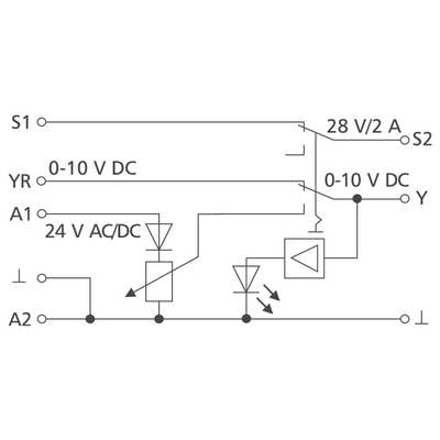 Schaltplan für einen Sensor/Relais mit Anschlüssen S1, S2, YR, Y, A1 und A2, wobei 28 V/2 A und 0-10 V DC Verbindungen dargestellt sind.