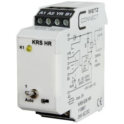 'Relais KRS HR von METZ CONNECT, zeigt Verdrahtungsplan und technischen Spezifikationen. Max. 2A, 250VAC, 24V AC/DC.'