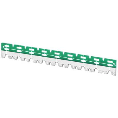 Metallschiene mit grünen Clips, die als Halterung oder Befestigungssystem verwendet wird. Sie besitzt abgerundete Kanten und gleichmäßige Aussparungen.