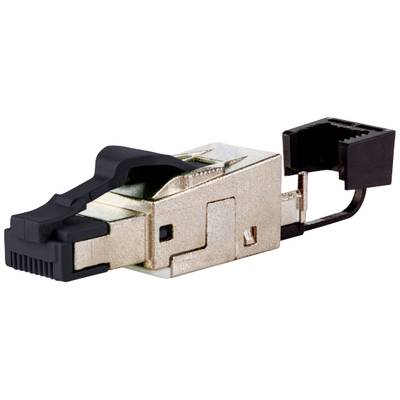Abgebildet ist ein silberner Ethernet-Stecker mit schwarzem Clip aus Metall und Kunststoff.