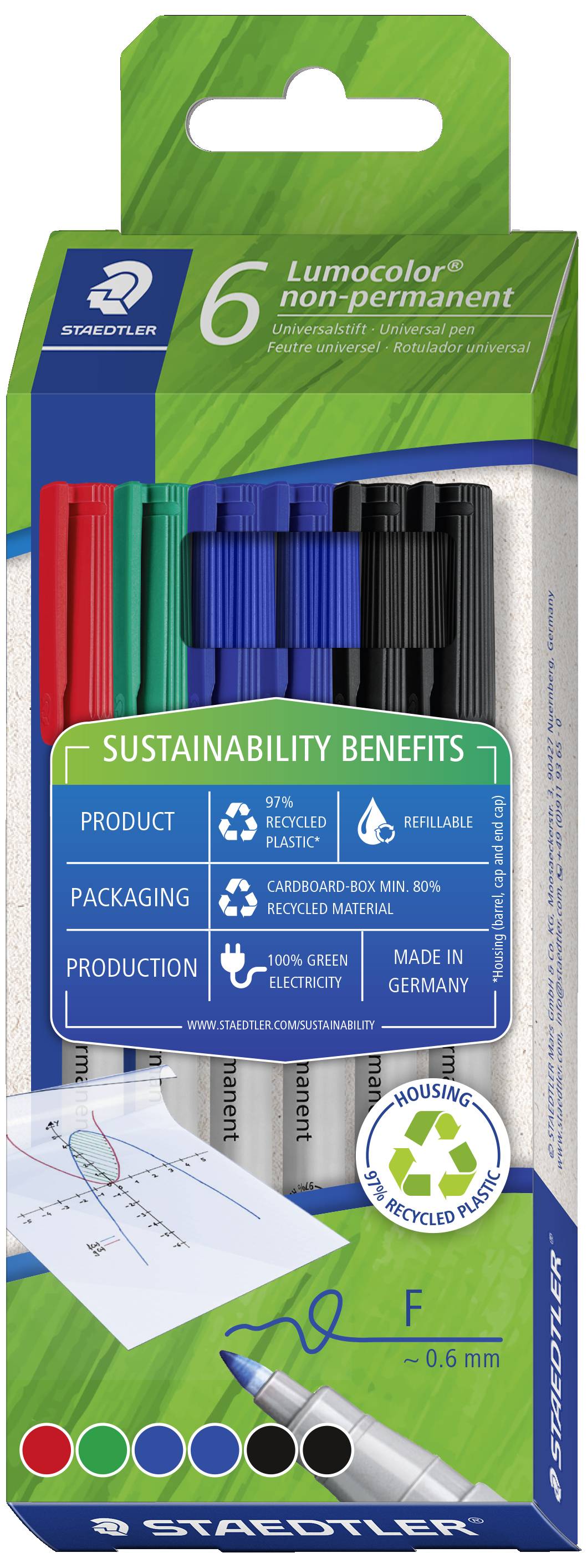 STAEDTLER Lumocolor NonPermanent-Marker 316F, 6er Etui Gehäuse aus 97% recyceltem Plastik gemäß ISO