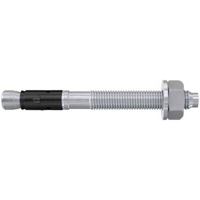 Metallexpansionsanker mit Gewinde, Sechskantmutter und Schlitzmanschette auf weißem Hintergrund.