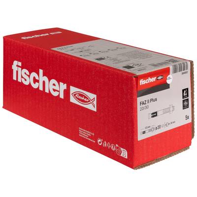 Rote Fischer-Box mit fischer FAZ II Plus Dübeln, gekennzeichnet mit 20/30, in Dreiviertelperspektive auf weißem Hintergrund.