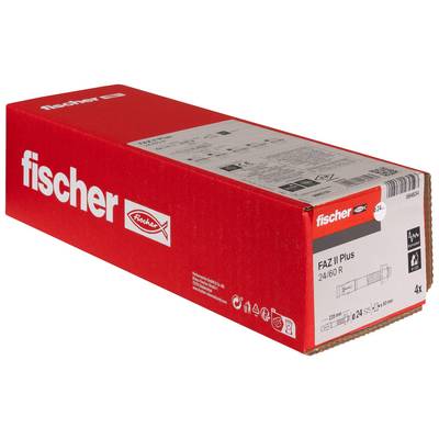 Rote fischer-Produktbox mit der Aufschrift "fischer" und "FAZ II Plus 24/60 R" mit technischen Markierungen auf dem vorderen Etikett.