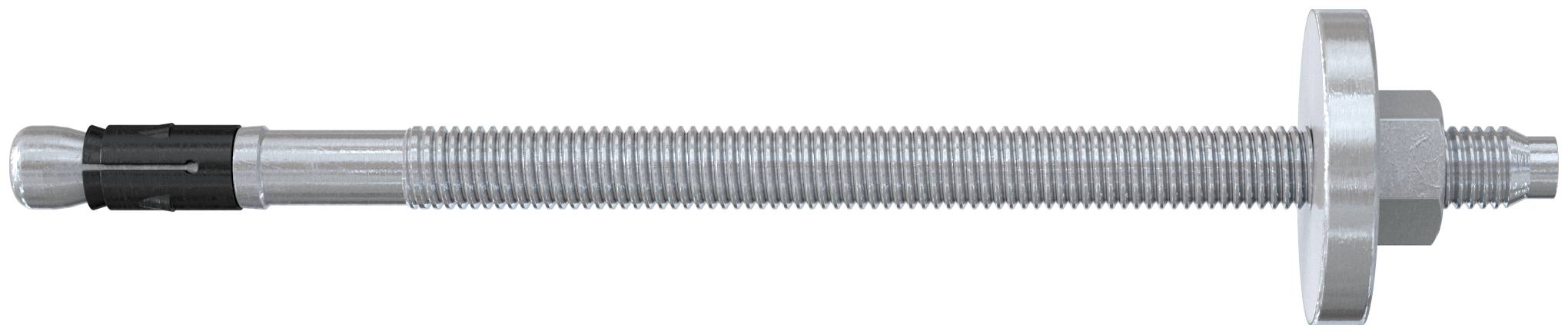 Eine gewindete Metallstange mit einer schwarzen Kunststoffendkappe und einer großen Sechskantmutter und Unterlegscheibe in der Nähe eines Endes.