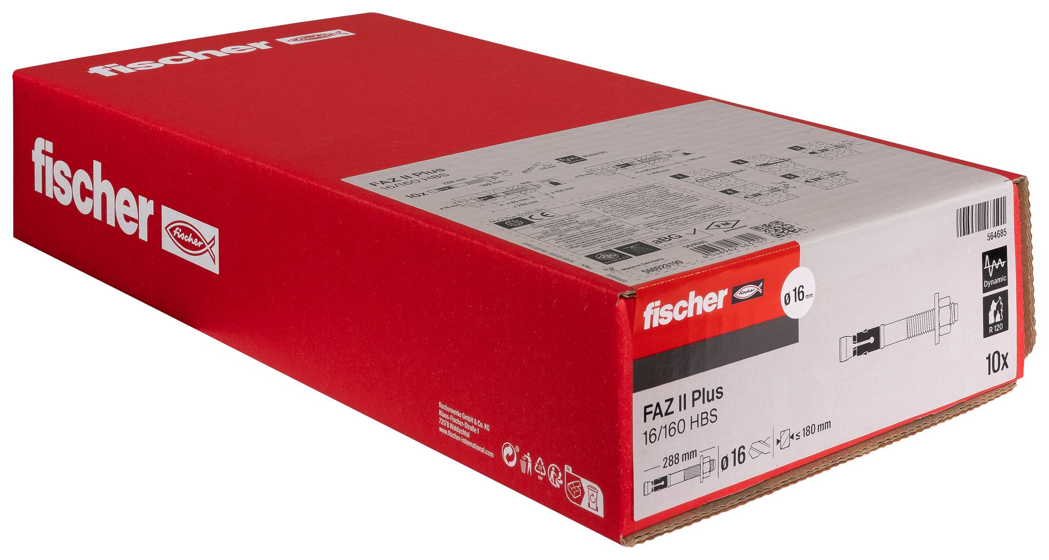 Rote Fischer-Schachtel mit FAZ II Plus Dübeln, beschriftet für Größe M16/160, auf weißem Hintergrund dargestellt.