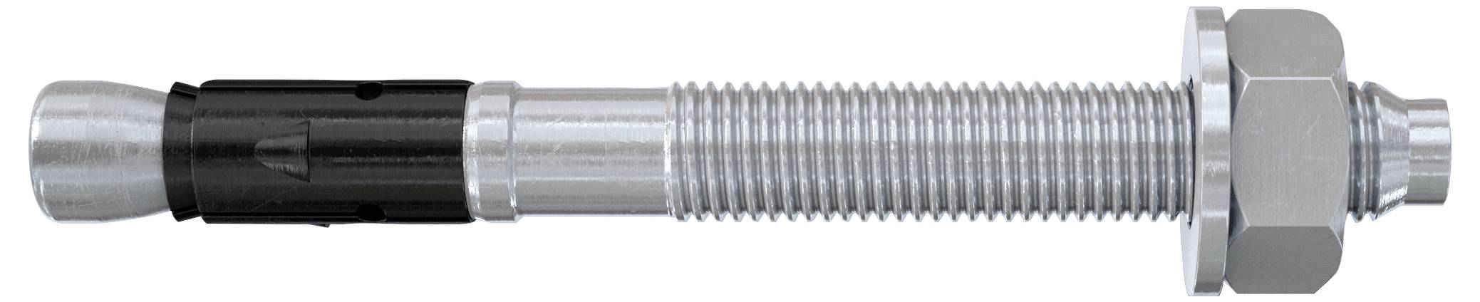 Metallexpansionsschraube mit Gewindestift, sechskantmutter und schwarzer Hülse, verwendet zum Befestigen schwerer Gegenstände an Beton- oder Mauerwerksoberflächen.