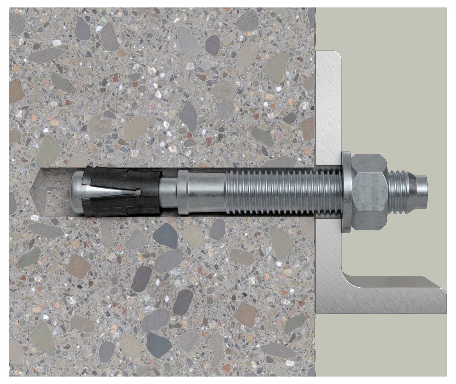 Bolzenverankerung in Beton mit metallischer Halterung. Das Bild zeigt einen Querschnitt von Beton mit einem eingefügten und mit einer Mutter gesicherten Metallverankerungsbolzen.