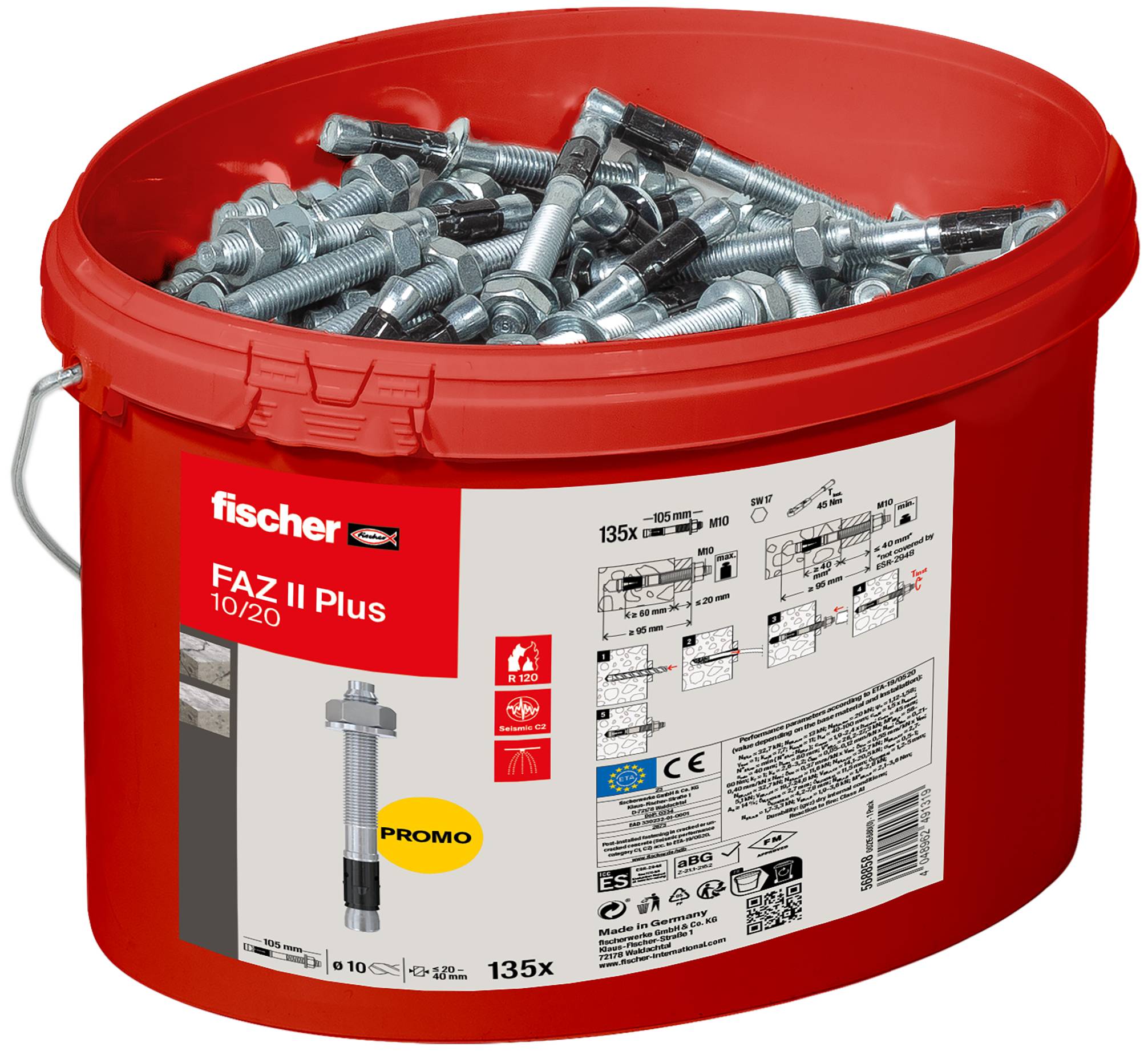 Ein roter Eimer mit der Aufschrift 'fischer FAZ II Plus 10/20' enthält mehrere Metallbolzen.
