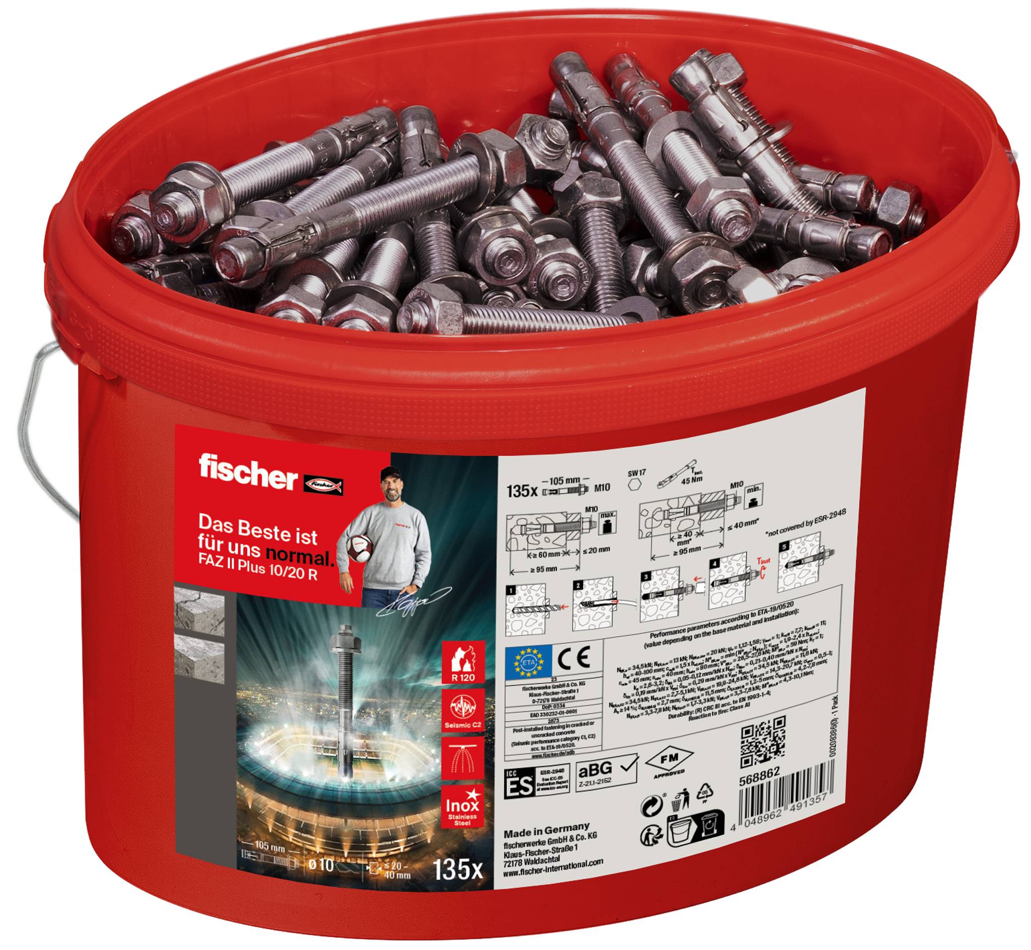 Roter Eimer mit 135 Metallankern der Marke Fischer, geeignet für Betonbefestigungen. Aufkleber zeigt Sicherheits- und Produktinformationen.