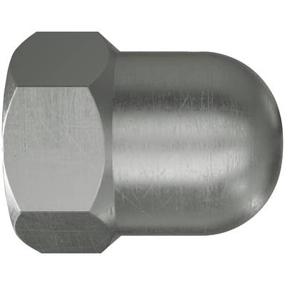 Nahaufnahme einer silbernen Metallradmutter mit sechseckiger Grundfläche und abgerundetem geschlossenem Ende auf weißem Hintergrund.
