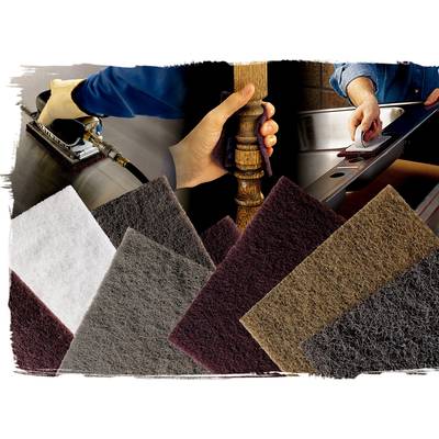 Verschiedene Schleifpads in verschiedenen Farben vor Bildern, die Anwendungen zeigen: Oberflächenbearbeitung, Holzpolitur und Metallabschleifen.