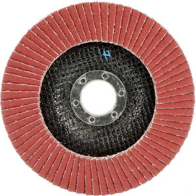 Ein Schleifmopprad mit roter Schleiffläche, konzentrisch angeordnet um eine mittige Metallbohrung.