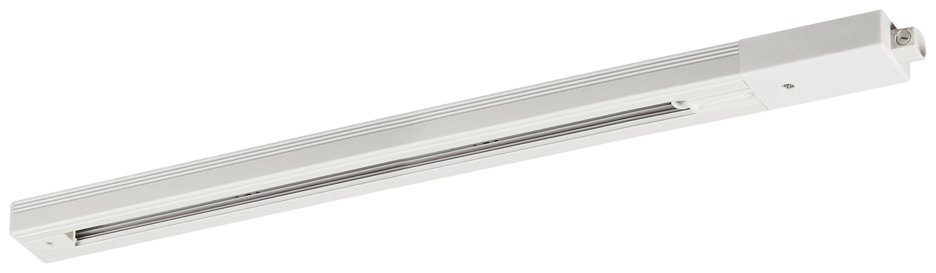 Ein weißes Schienensystem für Track-Lights, längliche Form, aus Metall, verwendet für flexible Beleuchtungslösungen in Innenräumen.