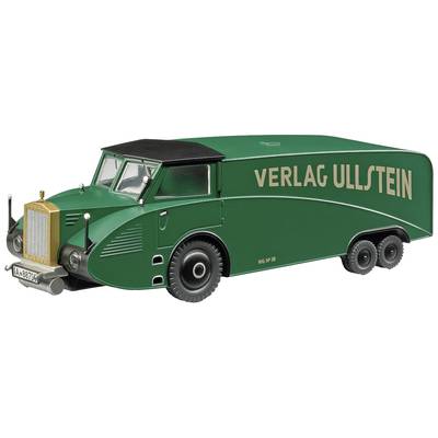 Grüner, stromlinienförmiger Lastwagen mit der Aufschrift 'Verlag Ullstein' an der Seite, designstil der 1930er Jahre.