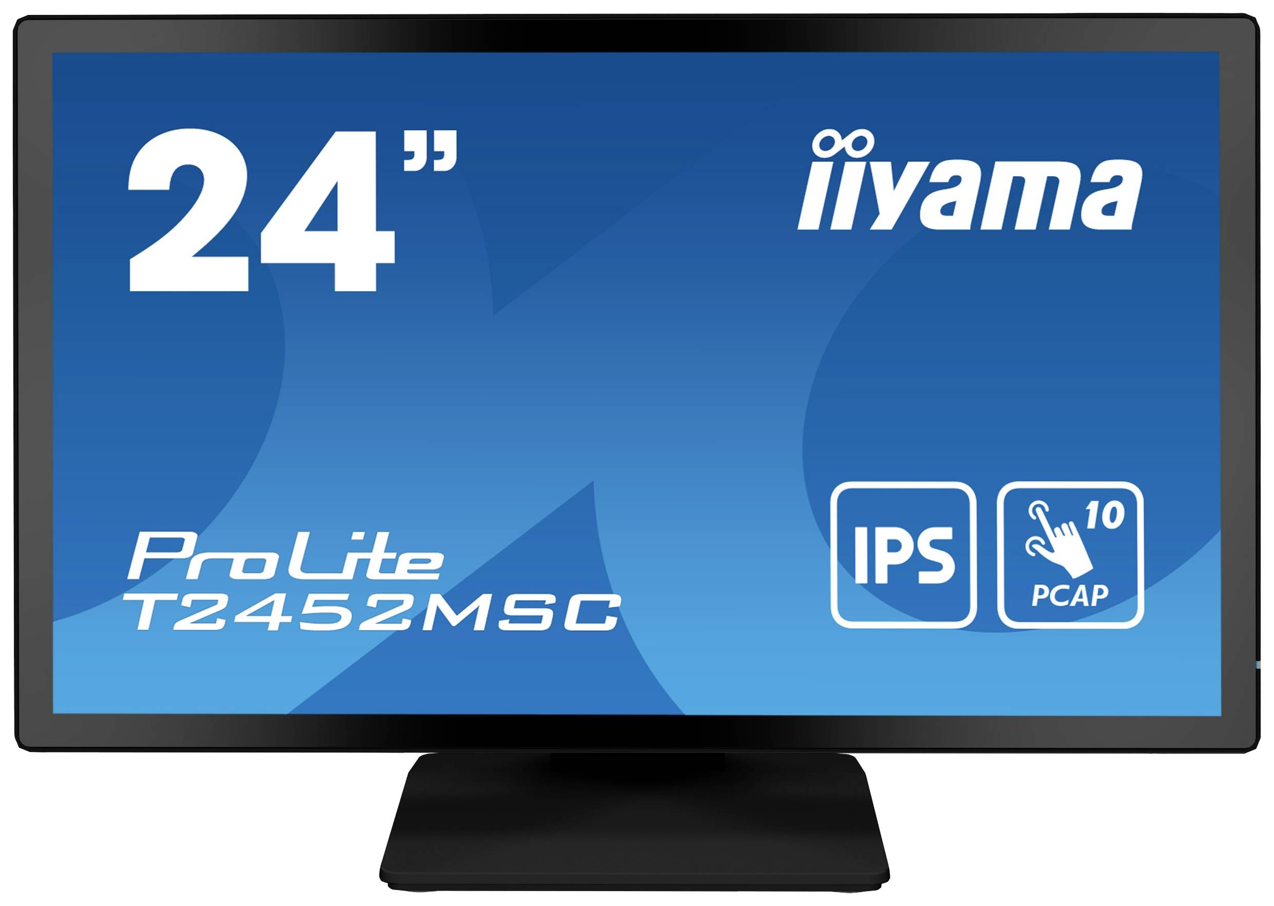 '24" iiyama ProLite T2452MSC' Monitor mit IPS-Technologie und Multitouch-Funktion, dargestellt auf einem blauen Hintergrund.