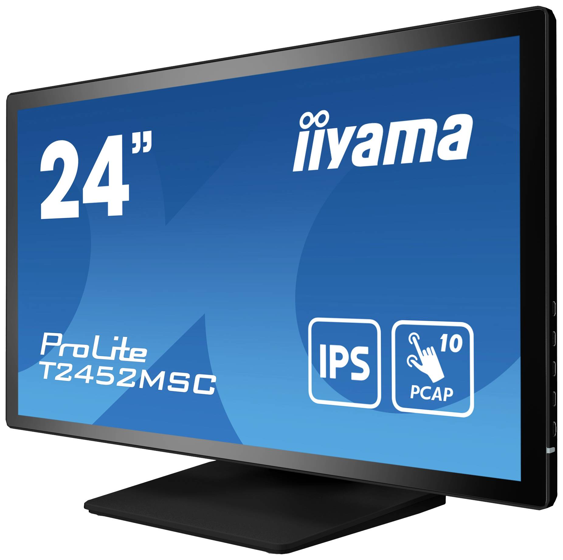 Ein schwarzer Computerbildschirm mit der Aufschrift '24" ProLite T2452MSC' und Symbolen für IPS und kapazitiven Touchscreen auf blauem Hintergrund.