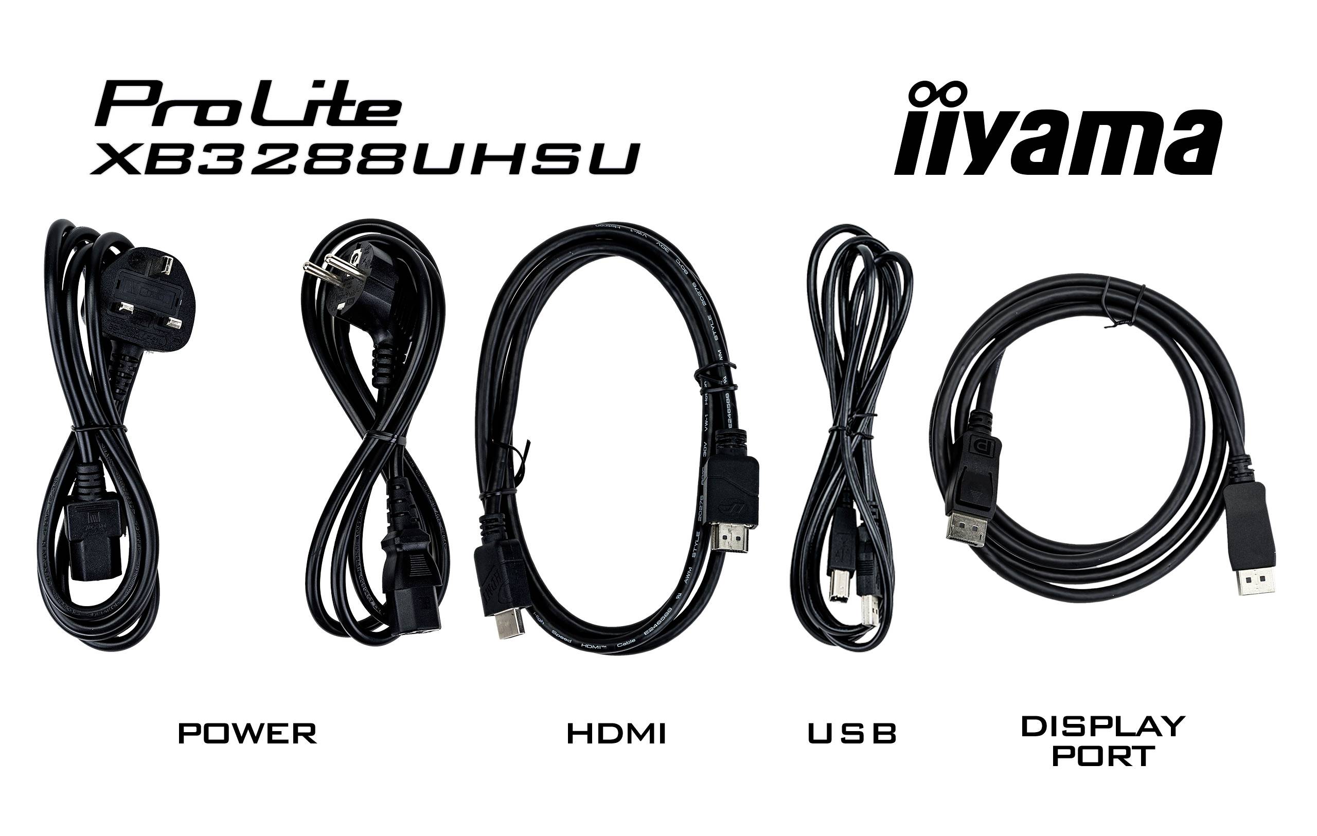 Strom-, HDMI-, USB- und DisplayPort-Kabel für einen iiyama ProLite XB3288UHSU Monitor.