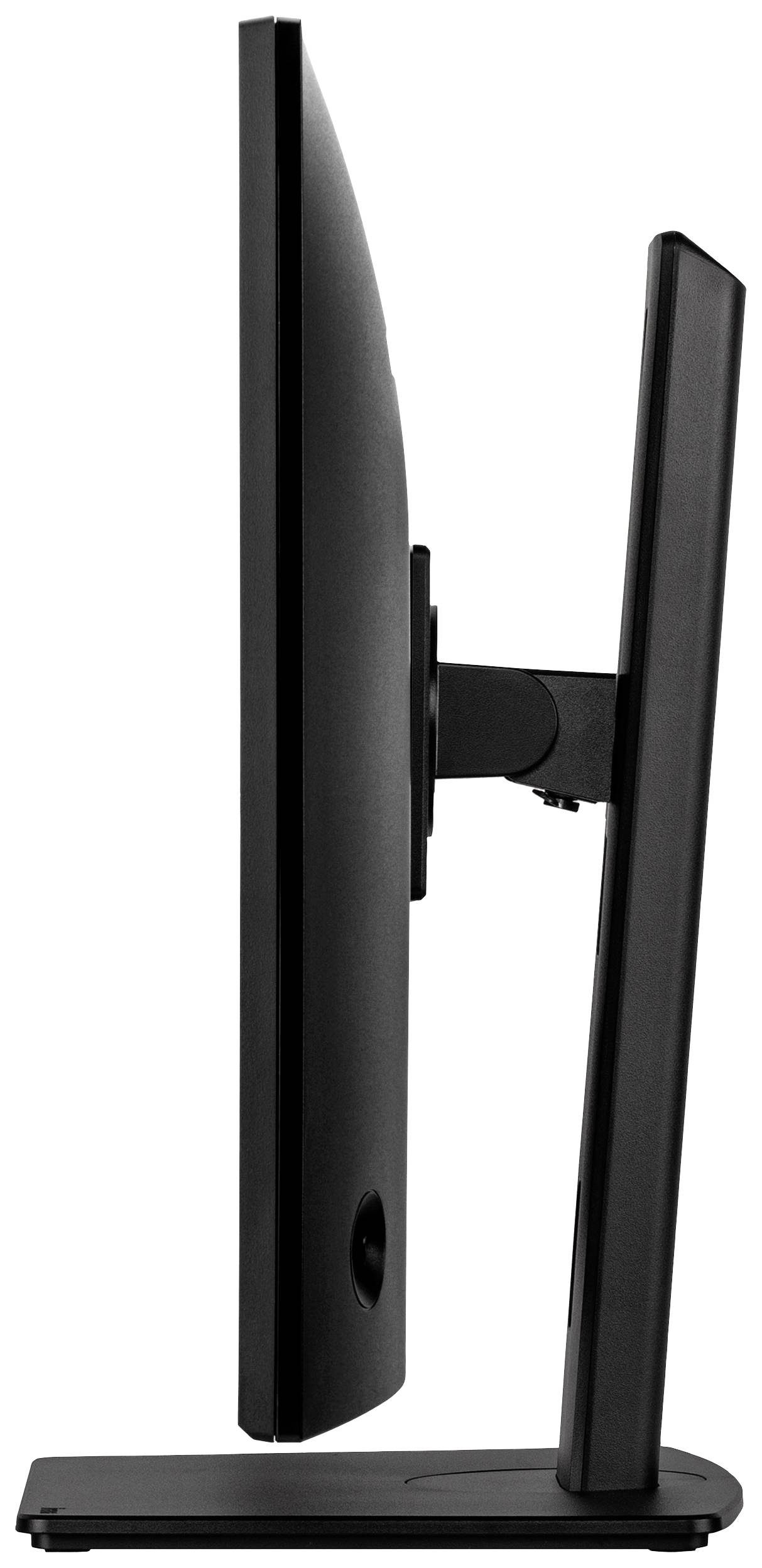 Seitliche Ansicht eines flachen, schwarzen Monitors auf einem Standfuß.