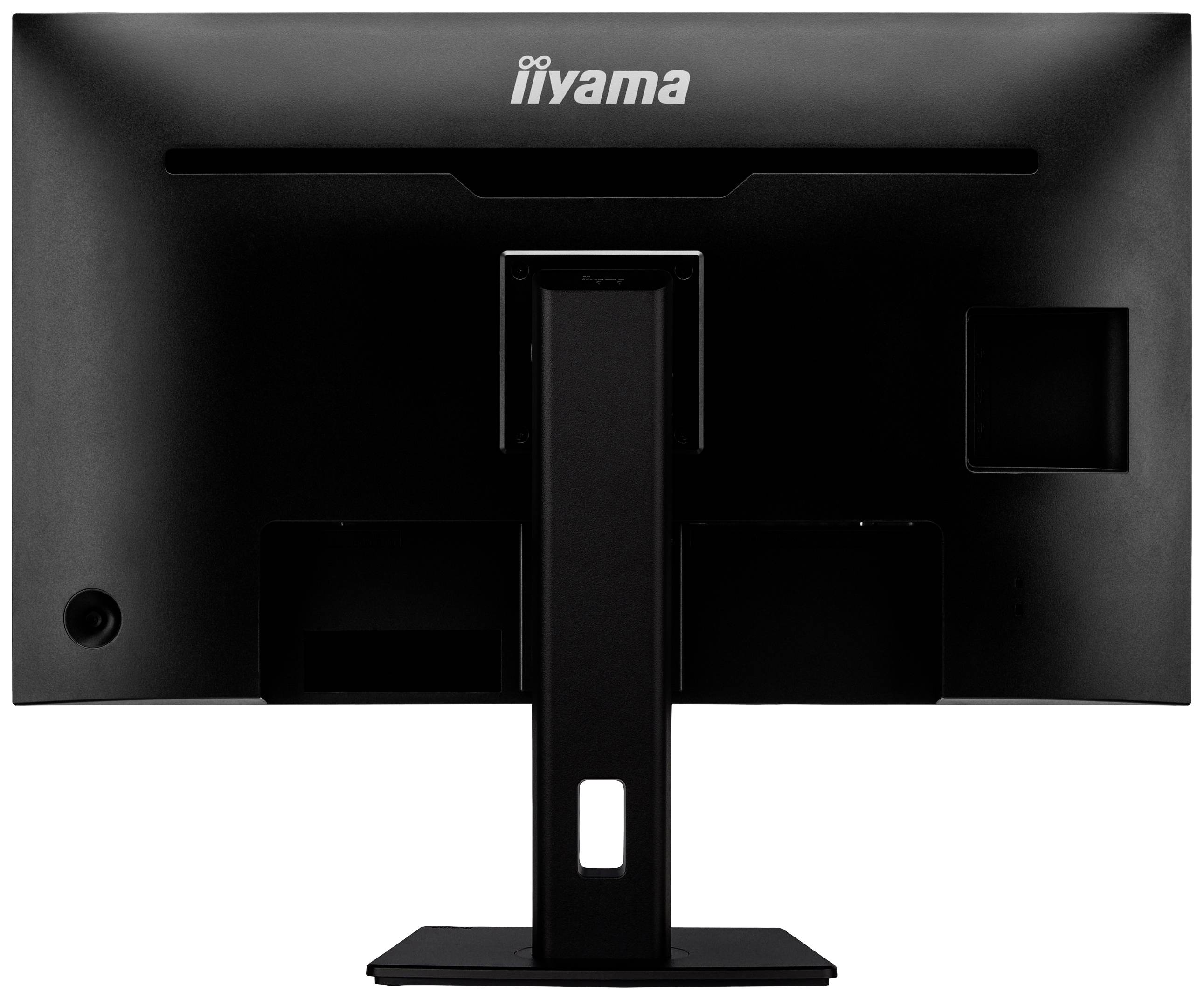 'Schwarzer iiyama Computerbildschirm von hinten gesehen, mit einem rechteckigen Standfuß und Markenlogo oben.'