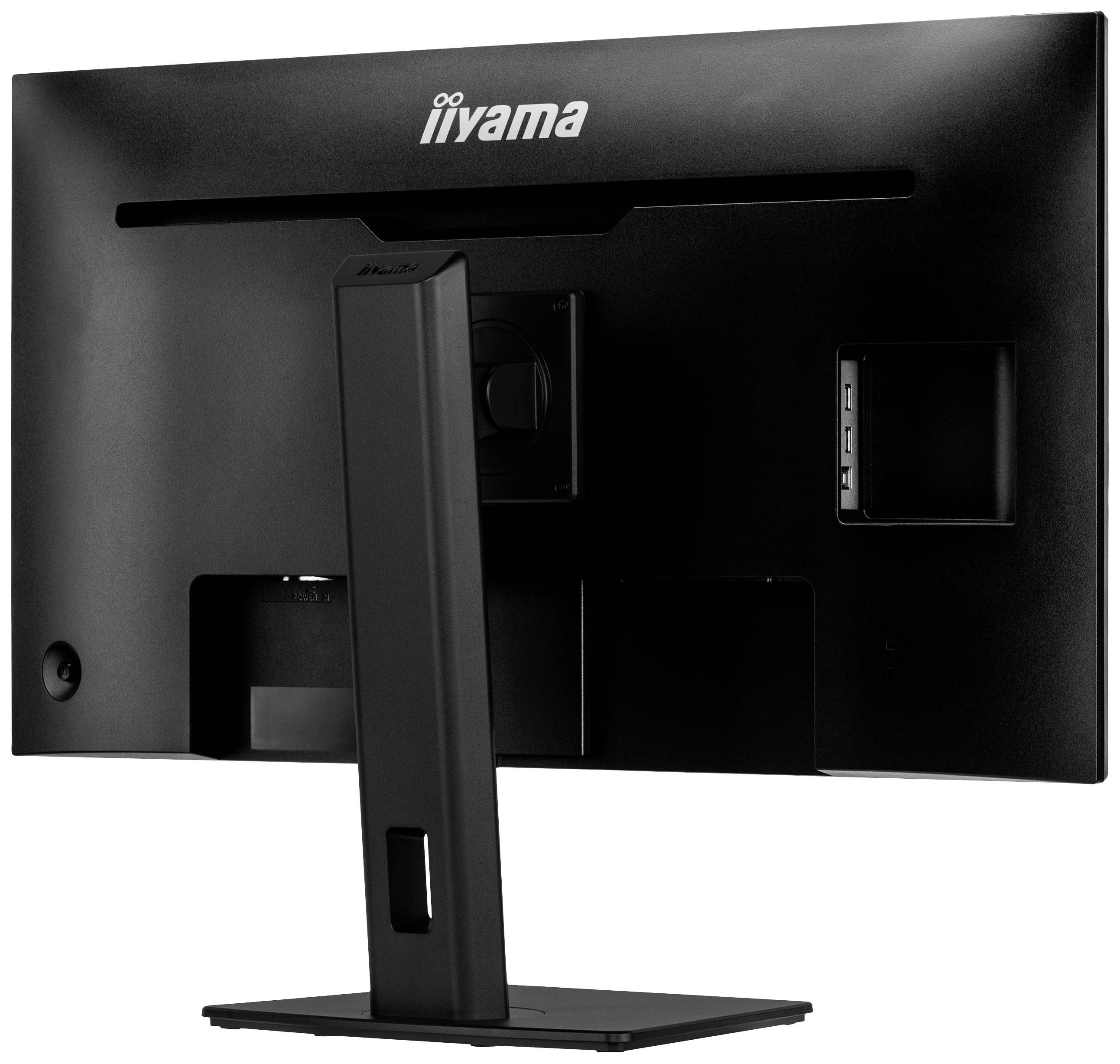Ein schwarzer Computermonitor von hinten, zeigt den Standfuß und Anschlussmöglichkeiten.