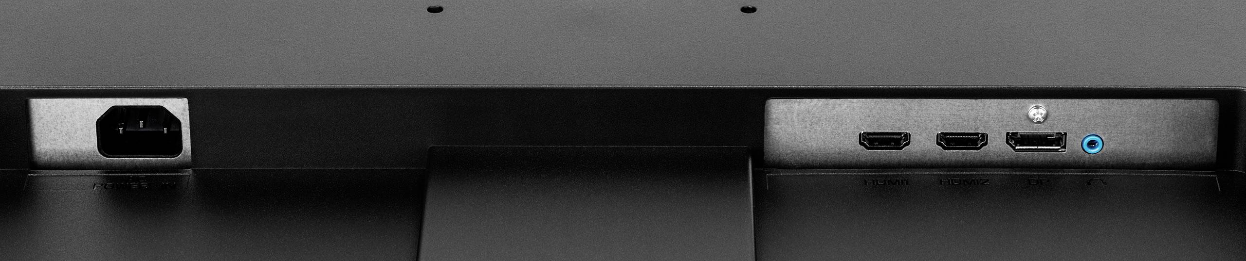 Rückseite eines Monitors mit Anschlüssen: Netzkabelanschluss links, HDMI-Anschlüsse, DisplayPort und Audiobuchse rechts.