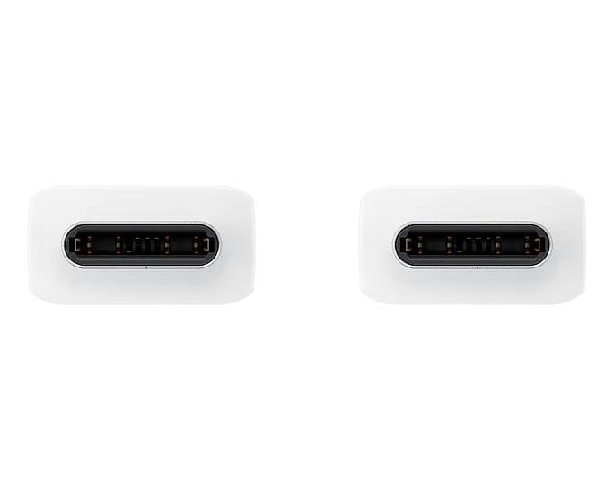 Zwei USB-C-Anschlüsse auf weißem Hintergrund. Jeder Anschluss zeigt die typische längliche Form und den offenen Steckkontakt.