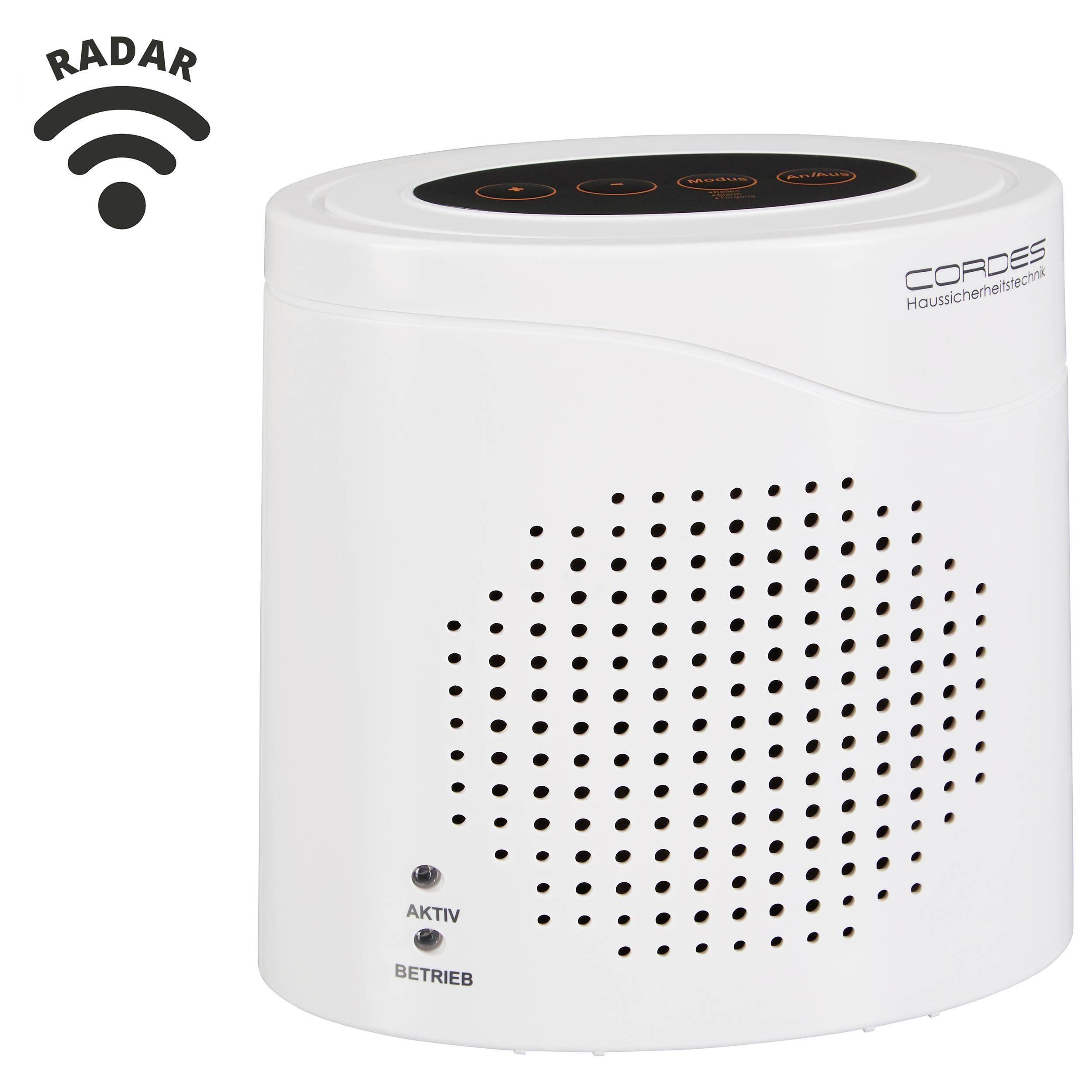 Ein weißer Bewegungsmelder mit Lautsprechergitter und Bedienfeld für Hausüberwachung. 'Radar' und WLAN-Symbol oben links angezeigt.
