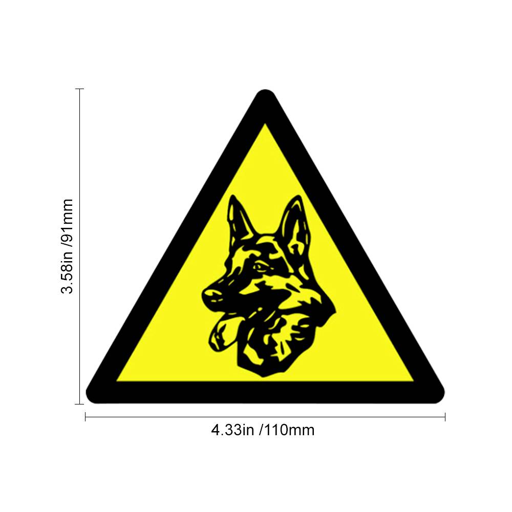 Gelbes Warnschild in Dreiecksform mit schwarzem Rand, zeigt einen Wachhund mit aufmerksamem Blick, symbolisiert Vorsicht vor Hund. Maße: 91x110mm.