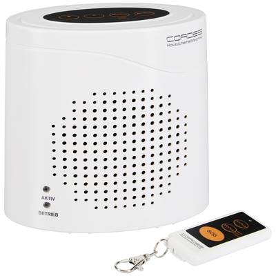 Ein weißer Hausalarmsensor mit Lautsprechern, Anzeigelampen für 'Aktiv' und 'Betrieb' und einer Fernbedienung mit 'SOS'-Taste.