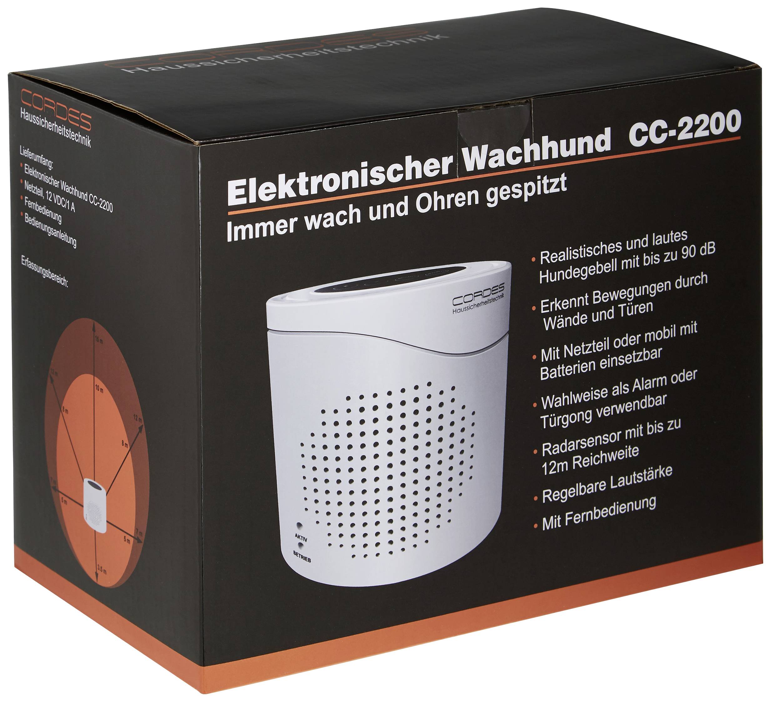 Verpackung eines elektronischen Wachhunds CC-2200. Zeigt ein weißes Gerät, bietet Alarme und Erkennung von Bewegungen.