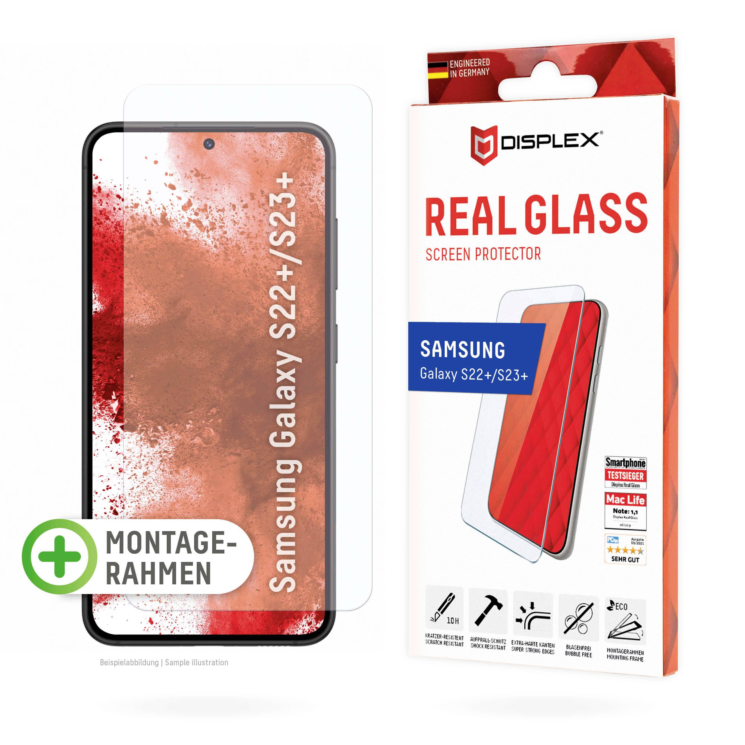 Displayschutz für Samsung Galaxy S22/S23 mit Montage-Rahmen, CE-zertifiziert, gehärtetes Glas, in roter Verpackung mit Logos.