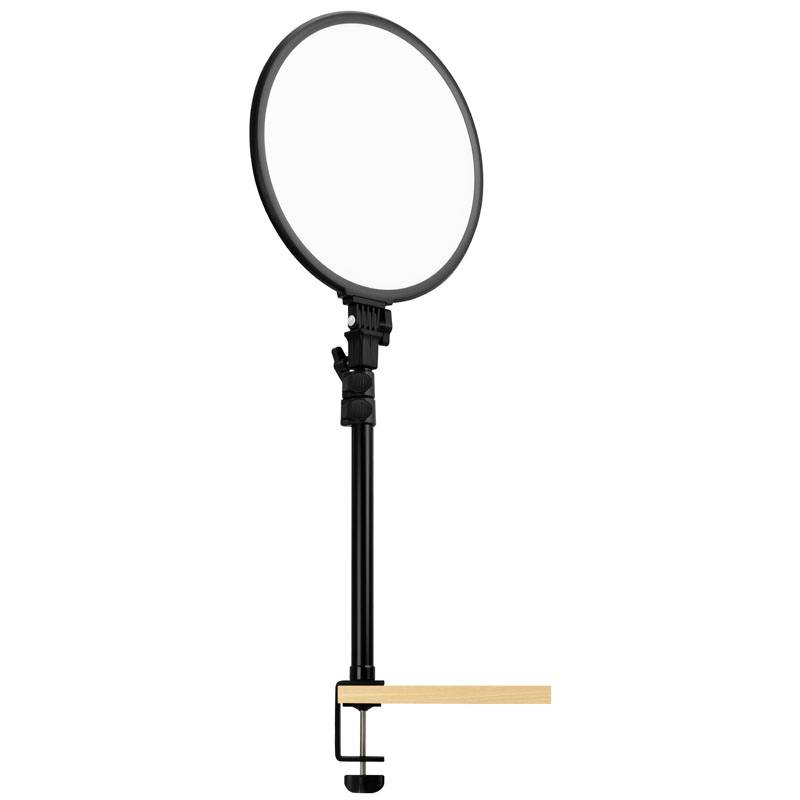 Ringlicht auf Stativ mit Tischklemme, hauptsächlich für Videokonferenzen oder Fotografie verwendet.