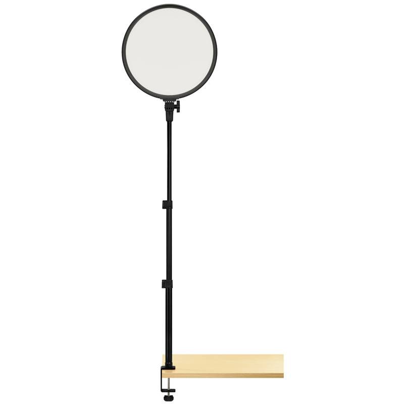 'Rundes LED-Licht auf verstellbarem Stativ, befestigt an einem Tisch mit einer Klemme. Eignet sich für Beleuchtung beim Arbeiten.'