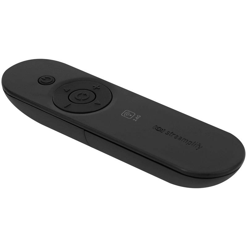 Eine schwarze Fernbedienung mit markierten Tasten für Strom, Lautstärke und Navigation. Sie zeigt das Logo 'streamplify' und '2.4G'.