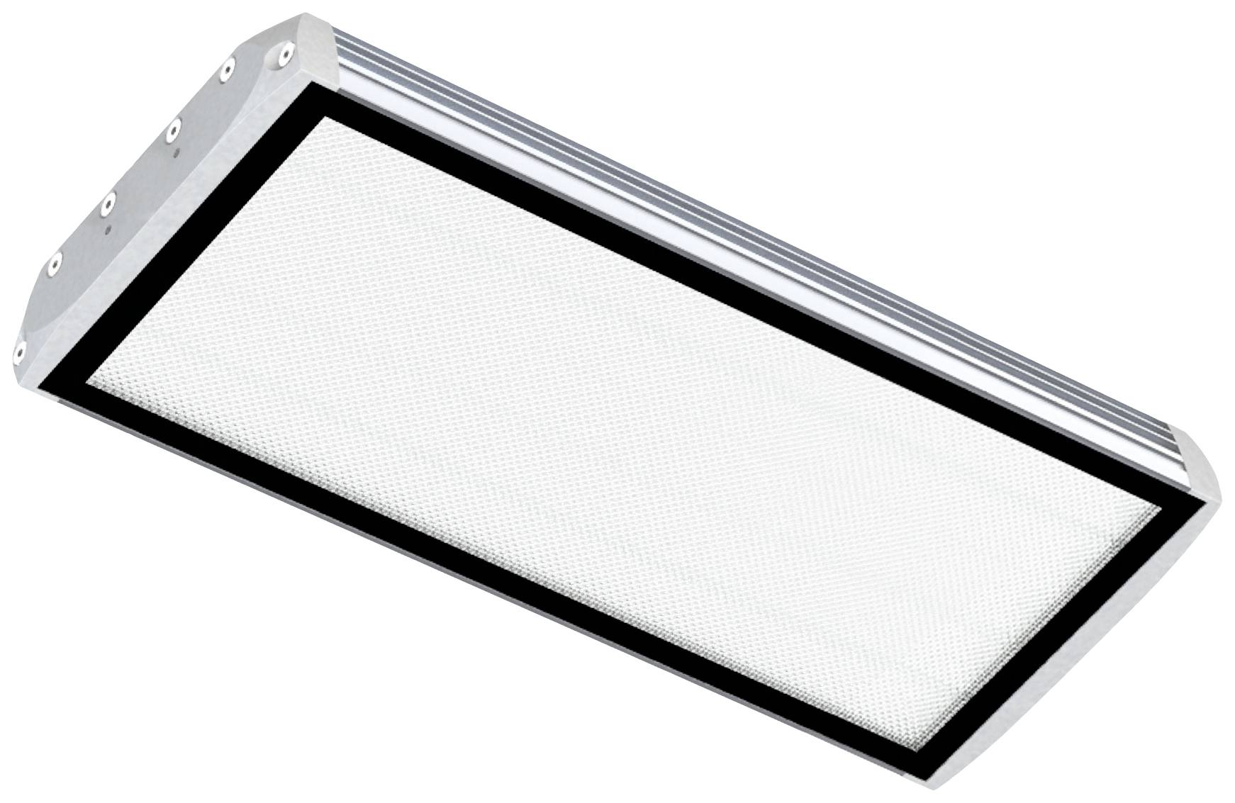 Deckenleuchte in rechteckiger Form mit silbernem Rahmen und weißem Diffusor, geeignet für moderne Innenräume.