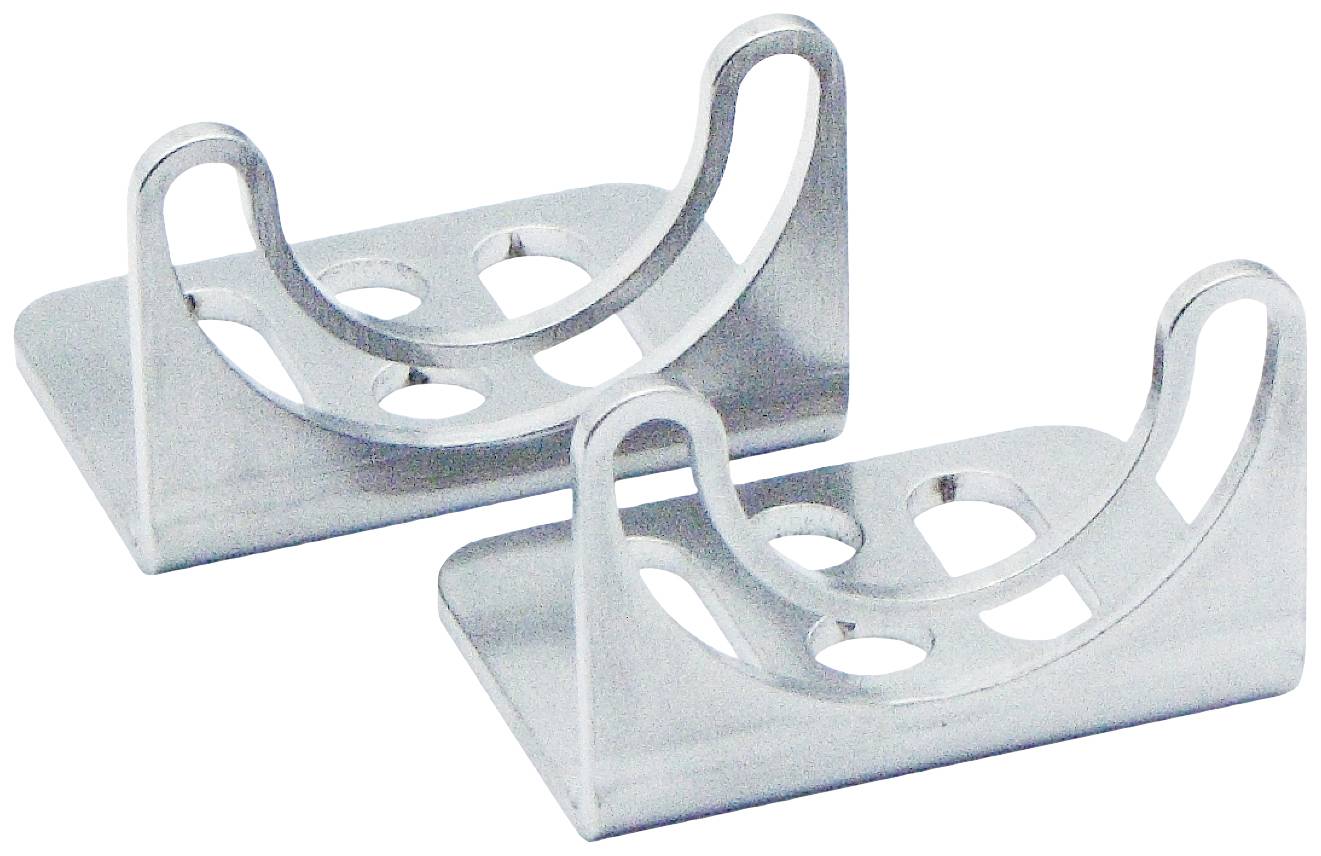 Zwei silberne Wandhalterungen aus Metall mit runder Aussparung, geeignet zur Befestigung von runden Gegenständen.