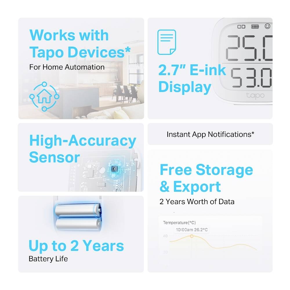 'Tapo-Gerätekompatibilität für Heimautomation; 2,7-Zoll-E-Ink-Display; hochpräziser Sensor; bis zu 2 Jahre Batterielaufzeit; kostenlose Speicherung und Export'