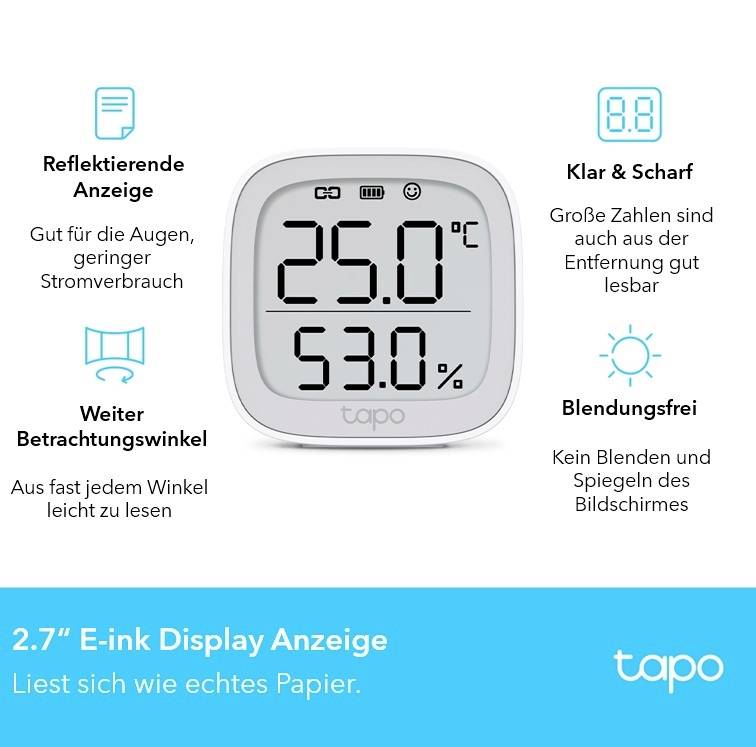 Ein weißes Tapo E-ink Display zeigt '25.0°C' und '53.0%'. Es hat große, klare Zahlen, reflexionsfrei, mit weitem Betrachtungswinkel.