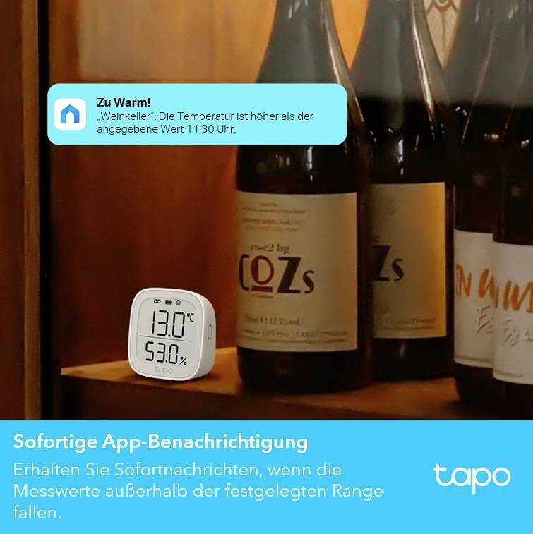 Eine Temperaturwarnung erscheint auf dem Bildschirm: 'Die Temperatur ist höher als der festgelegte Wert 11:30 Uhr'. App-Benachrichtigung darunter.